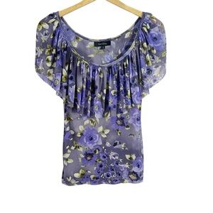 Karen Kane Semi Sheer Mesh Floral Print Ruffle Neckline Top Multicolor Size S